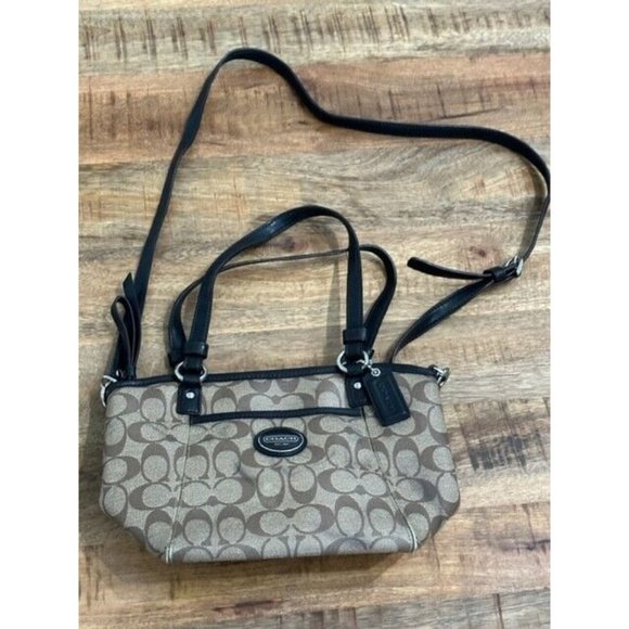 Coach Peyton Signature Zip Tote Coated Canvas Bag Beige Khaki Brown Adjust Spots - Picture 1 of 12